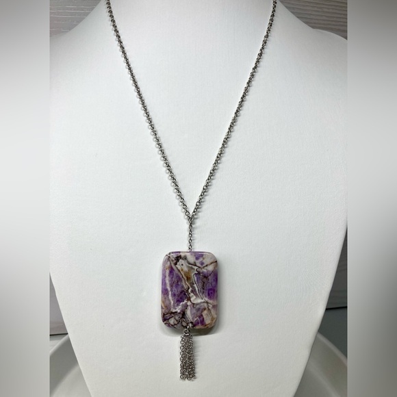 Hand Crafted Jewelry - Genuine Flower Amethyst Pendant w Chain Tassel Necklace